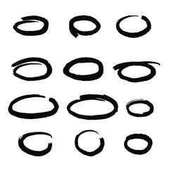 Hand drawn oval frame set. Doodle dirty grunge marker highlight circles . Highlighting text and important objects. Round scribble frames. Stock vector illustration on white background.