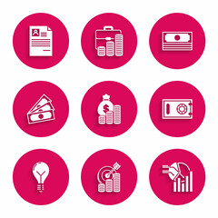 Set Money bag and coin, Target with symbol, Pie chart infographic, Safe, Light bulb concept of idea, Stacks paper money cash, and Resume icon. Vector
