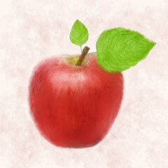 Red apple with green leaves hand drawn illustration