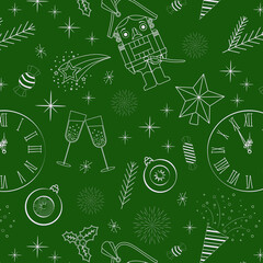 seamless pattern on a green background nutcracker, clock, champagne, white outline, Christmas toys, firecrackers
