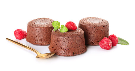 Tasty lava cake fondant and raspberry on white background