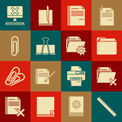 Set Ruler, Delete folder, Document, File document, Binder clip, Paper, Computer with keyboard and x mark and Folder settings gears icon. Vector