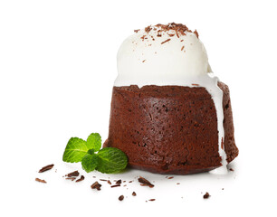 Tasty lava cake fondant with mint and ice cream on white background