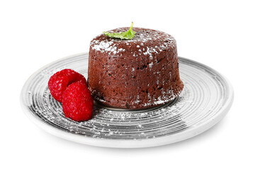 Plate with tasty lava cake fondant and raspberry on white background