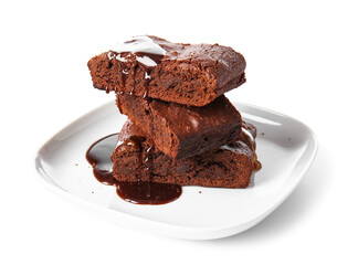 Plate with pieces of tasty chocolate brownie isolated on white background