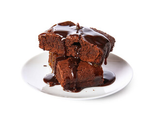 Plate with pieces of tasty chocolate brownie isolated on white background