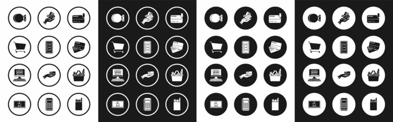 Set Credit card, Online shopping on mobile phone, Shopping cart, Signboard hanging, Human hand holding with credit, basket food and building screen computer icon. Vector
