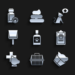 Set Dog medicine bottle, Pet carry case, Veterinary clinic symbol, Clipboard with medical clinical record pet, Dustpan, and icon. Vector