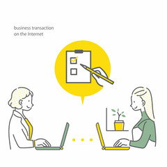 オンラインでアンケートに回答する女性とカスタマー担当者　シンプルでお洒落な線画イラスト