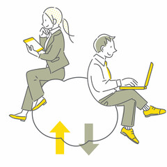 クラウドを活用して仕事をするビジネスパーソン　シンプルでお洒落な線画イラスト