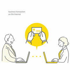 インターネットを使って取引をするビジネスパーソン　シンプルでお洒落な線画イラスト
