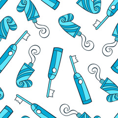 Toothpaste and electric toothbrush. Seamless vector pattern (background). Cartoon print.