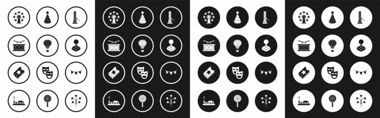 Set High striker attraction with big hammer, Hot air balloon, Drum drum sticks, Ferris wheel, Joystick for arcade machine, Party hat, Carnival garland flags and Ticket icon. Vector