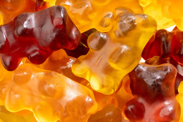 Detailed and large close up shot of different gummy bears.