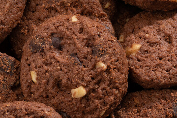 Detailed and large close up shot of chocolate covered cookies.
