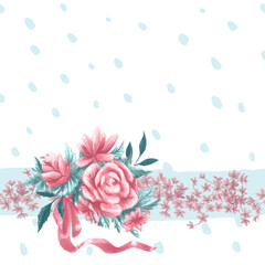 Watercolor hand drawn holiday seamless pattern with floral bouquet arrangement and ribbon bow isolated. For Valentine day card, invitation, love print, gift packaging design.
