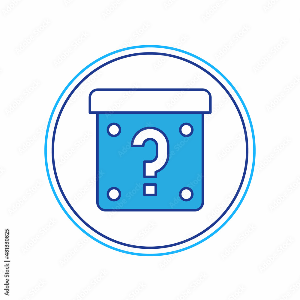 Poster filled outline mystery box or random loot box for games icon isolated on white background. question 