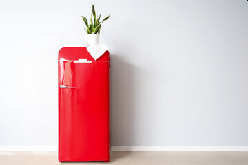 Red fridge with houseplant and napkin near light wall