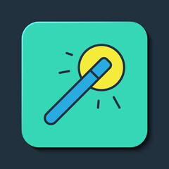 Filled outline Magic wand icon isolated on blue background. Star shape magic accessory. Magical power. Happy Halloween party. Turquoise square button. Vector