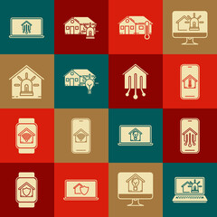 Set Laptop with smart house and alarm, Mobile phone home, temperature, House, Smart light bulb, and icon. Vector