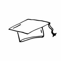 Graduation vector doodle cap icon. Outlined on white background. © Saramix