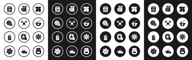 Set Bee, Honey dipper stick, Honeycomb map of the world and bee, Hanging sign with honeycomb, bowl, Hive for bees, Flower and Jar icon. Vector