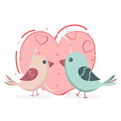 cute Valentine's day lovebirds with hearts and abstract backgrounds. cozy illustration