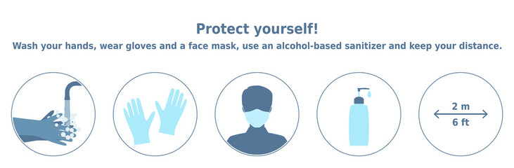 Protect yourself! Wash your hands, wear gloves and a face mask, use an alcohol-based sanitizer and keep your distance. 5 icons set for health posters and banners.