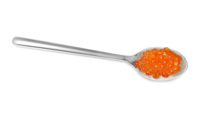 Spoon with delicious red caviar isolated on white, top view