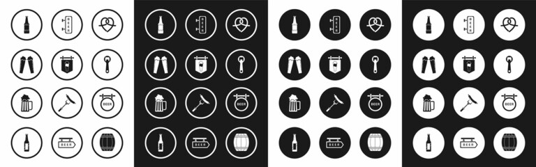 Set Pretzel, Street signboard with glass of beer, Glass, Beer bottle, Bottle opener, inscription, and Wooden mug icon. Vector