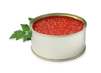 Open tin can of delicious red caviar and parsley on white background