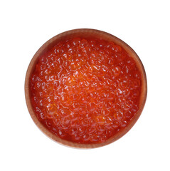 Bowl of delicious red caviar isolated on white, top view