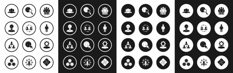 Set Users group, Human resources, head with lamp bulb, of in business suit, Magnifying glass for search people, gear inside and Project team base icon. Vector