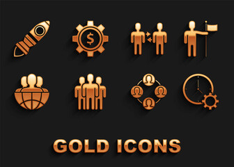 Set Users group, Man holding flag, Time Management, Project team base, Globe and people, Rocket ship with fire and Gear dollar symbol icon. Vector