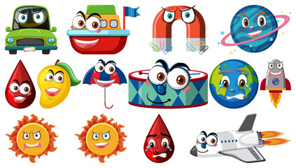 Set of different toy objects with smiley faces