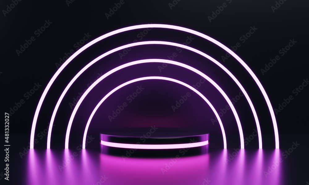 Poster modern round product showcase sci-fi podium with pink glowing light neon ring frame background. tech