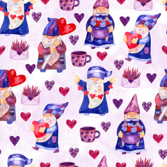 Watercolor seamless pattern with lovely gnomes and Valentines day decorations on pink background. Beautiful textile print. Great for fabrics, wrapping papers. Pink, blue and purple colors.