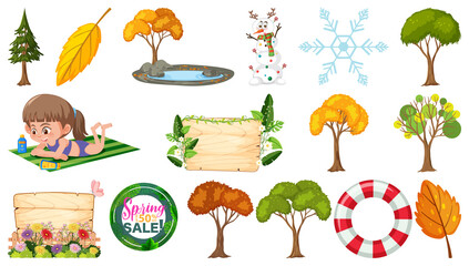 Set of four seasons trees and nature objects