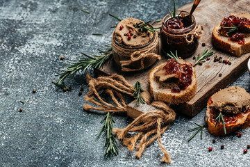 Homemade duck liver pate with red onion jam. Gourmet appetizers, Assorted Italian appetizer bruschetta. banner, menu, recipe place for text, top view