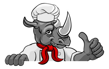 Rhino Chef Mascot Sign Cartoon Character