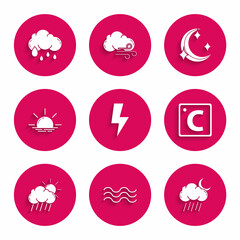Set Lightning bolt, Waves, Cloud with rain and moon, Celsius, sun, Sunrise, Moon stars and icon. Vector