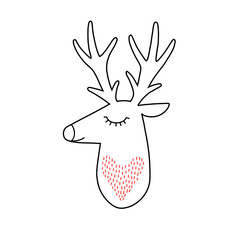 Deer head portrait. Stylized drawing reindeer in simple scandi style. Nursery scandinavian art. Black and white vector illustration - 481332494