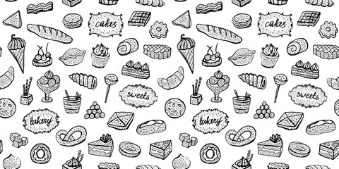 Seamless black and white graphic pattern with desserts and baked goods, doodle style hand drawn sketch