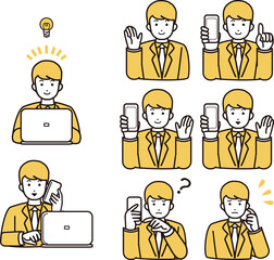男性　パソコン　携帯電話　スマートフォン　スマホ　通話　ビジネスマン　シンプル　上半身　イラストセット