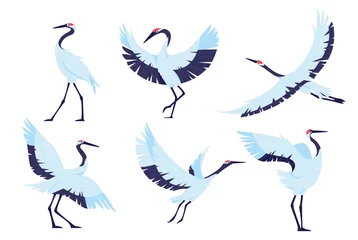Foto op Plexiglas Japanese red crowned crane bird simple elements collection.  Asian wildlife creature flat isolated set. Stork, egret, heron in trendy flat design. © SickleMoon