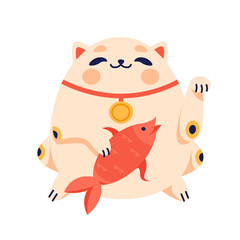 Maneki neko flat cartoon illustration. Japanese folklore symbol banner design. Asian culture, lucky cat, smiling kitty with gold coin printing card.