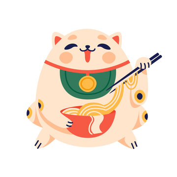 Maneki neko flat cartoon illustration. Japanese folklore symbol banner design. Asian culture, lucky cat, smiling kitty with gold coin printing card.