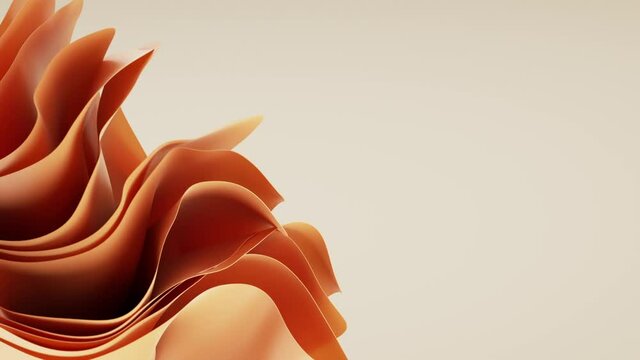 3d animation, abstract modern geometric background, folded fabric or paper macro, fashion wallpaper with wavy brick color layers and ruffles, minimal design on beige backdrop, multilayer effect