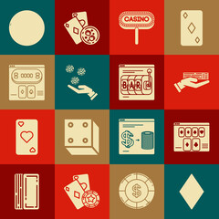 Set Playing card with diamonds symbol, Online poker table game, Hand holding deck of playing cards, Casino signboard, casino chips, roulette wheel and slot machine icon. Vector