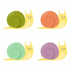 A set of cartoon cute snails. A vector illustration of decorative snails
